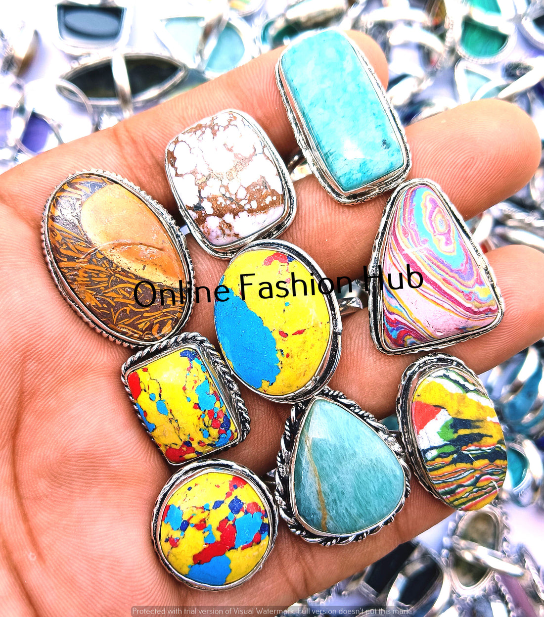925 Sterling Silver Plated Mosaic Jasper & Mix Gemstone Rings Lot Boho Jewelry