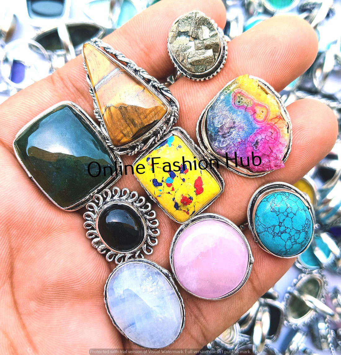 925 Sterling Silver Plated Rose Quartz & Mix Gemstone Rings Lot Elegent Jewelry