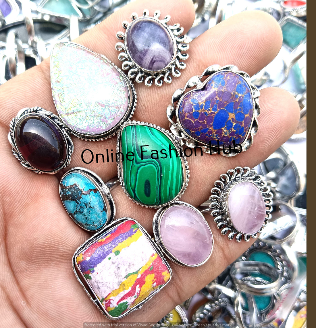 925 Sterling Silver Plated Green Malachite & Mix Gemstone Unique Rings Lot Jewelry