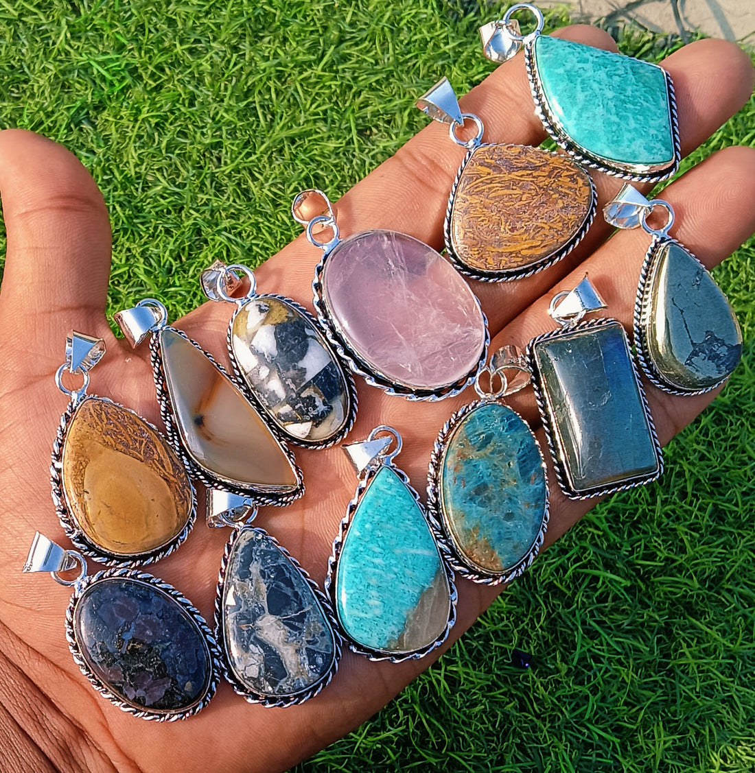 925 Sterling Silver Plated Glowing Amazonite & Mix Gemstone 500pcs Pendant Lot Festival Jewelry